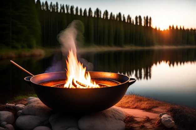 Kochen im Kessel am offenen Feuer in der Natur Bowler am Lagerfeuer im Wald