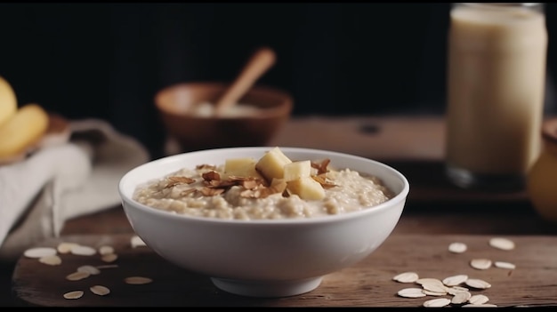 Kochen Sie altmodische Haferflocken mit Mandelmilch und belegen Sie sie mit Bananenscheiben. Generatives KI-Bild