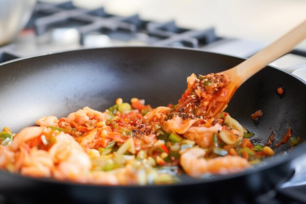 Kochen Sie das Teig auf eine Pfanne mit Kimchi-Stücken