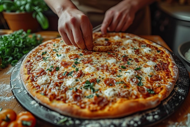 Kochen Sie eine originelle italienische Pizza zu Hause Es gibt eine Pizza auf dem Tisch
