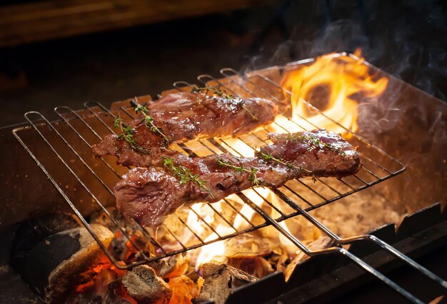 Kochen von Fleischsteaks auf dem Feuer auf dem Grill in der Nacht Nahaufnahme Desfokussierung
