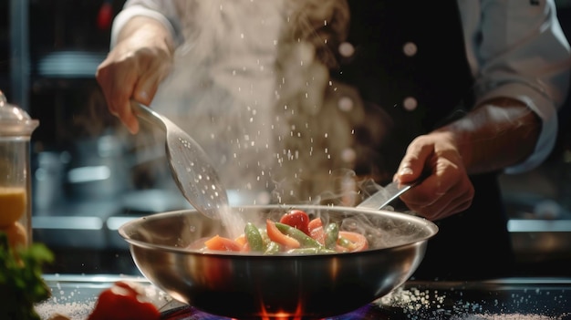 Kochen von frischem Gemüse Der Koch fügt Salz zu einer dampfenden heißen Pfanne hinzu Grande Küche Idee für ein Hotel mit Werbefläche