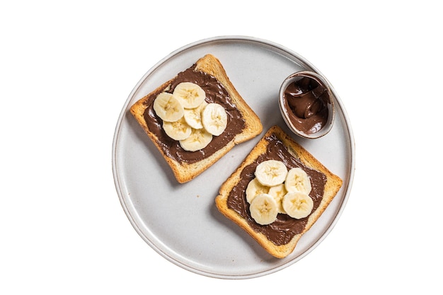 Kochen von Sandwich mit Schokolade Haselnussbutter und Bananen isoliert auf weißem Hintergrund