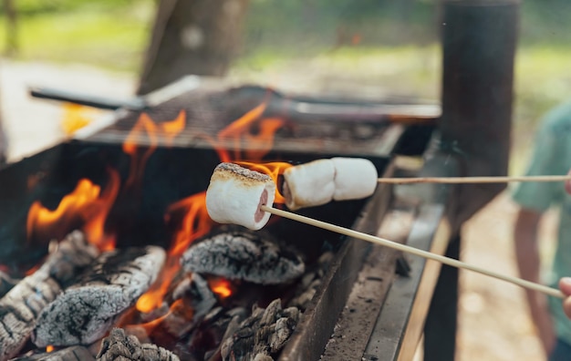 Kochen weißer Marshmallow mit Schokolade auf einem Hintergrund von Feuer Picknick-Party im Freien im Park