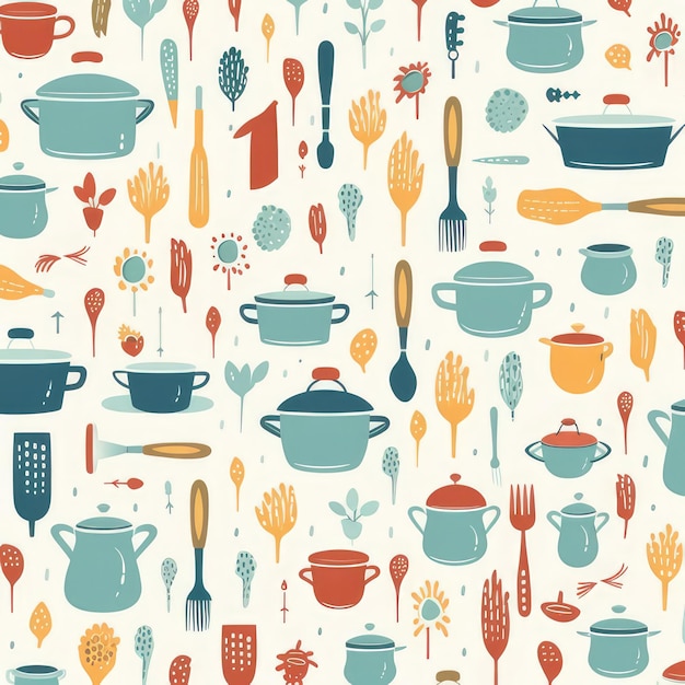Kochwerkzeugmuster Hintergrund flache Farbillustration KI-generiertes Bild
