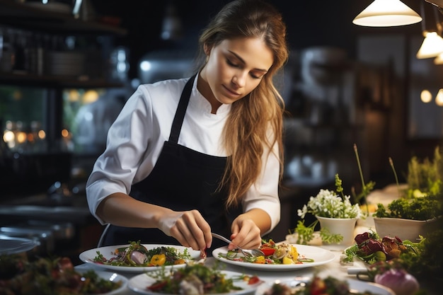 Köchin fügt Speisen in Restaurantküche AI Garnitur hinzu