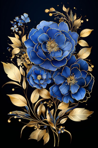 Königlich blaue und goldene Blumen-Clipart