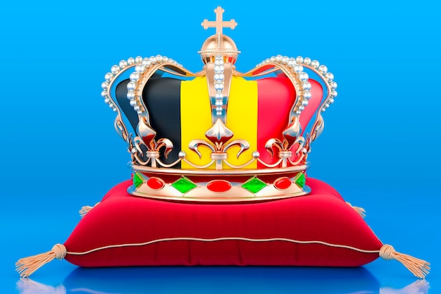 Königliche goldene Krone auf Kissen mit der 3D-Darstellung der Flagge des Königreichs Belgien