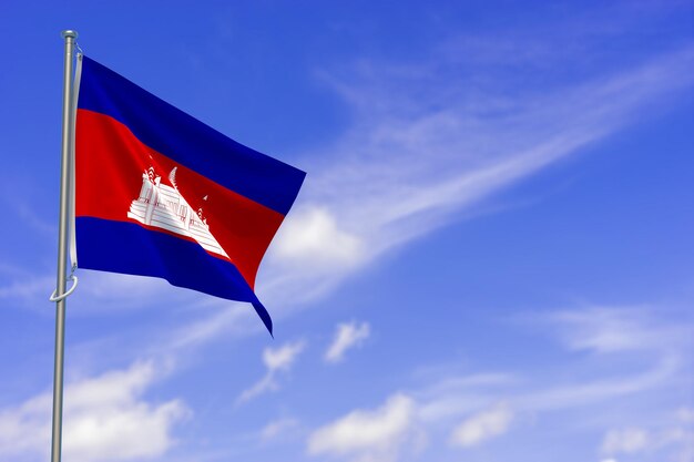 Königreich Kambodscha Flagge über blauem Himmelshintergrund 3D-Darstellung