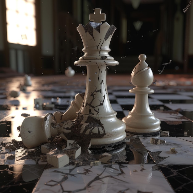 Königsschachbrettspiel Ansicht auf Schachfiguren mit dramatischem und mystischem Hintergrund