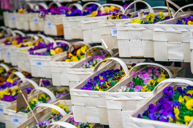 Körbe mit Blumensträußen