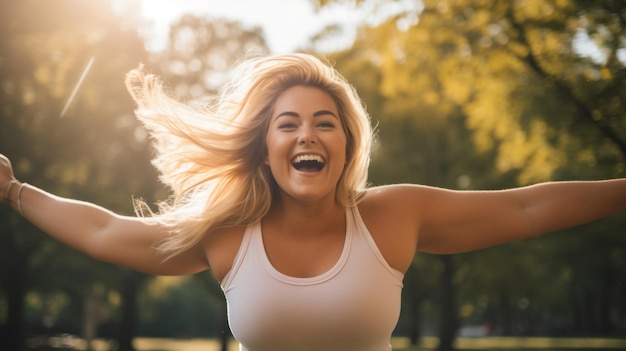 Körper-positive Frau trainiert im Park unsplash hochwertiges Foto hohes Detail