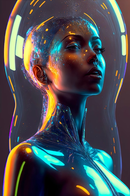 Körper und Kopf der Frau, eingeschlossen in opaleszierendem Cyberpunk-Kunstglas, futuristisch leuchtendes Neon