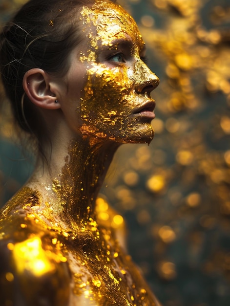 Körperkunst einer Frau, die mit goldfarbener Farbe bedeckt ist