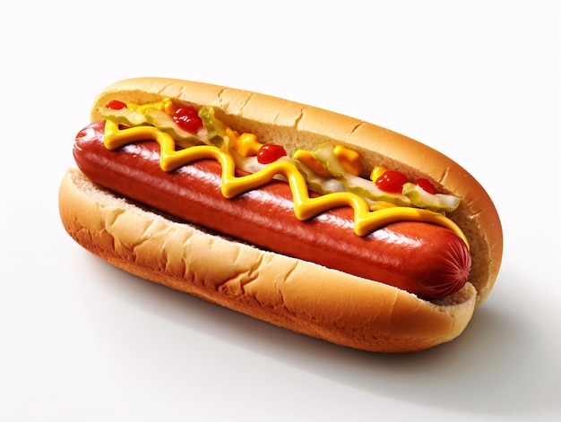 Köstlich belegter Hot Dog mit Senf und Ketchup. Ein köstlicher Leckerbissen, generiert von KI