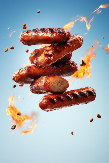 Köstlich gegrillte Hotdogs mit brutzelnden Flammen – ein fesselndes generatives KI-Bild