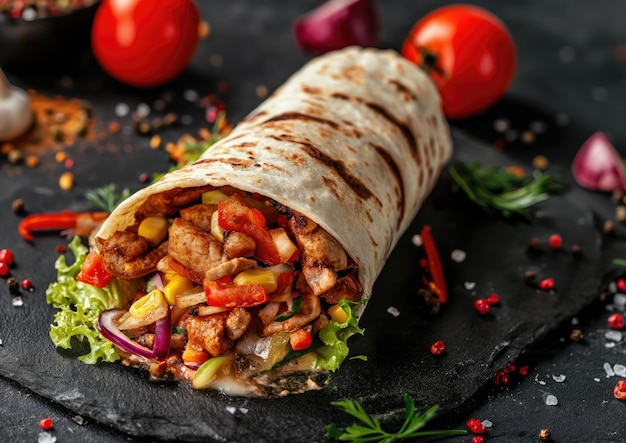 Köstlich gegrillter Döner-Kebab mit frischem Salat auf einem Granittisch. Nahöstliches Streetfood-Foto