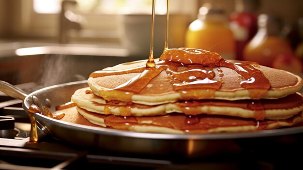 Foto köstliche amerikanische pfannkuchen mit butter und ahornsirup generative ai