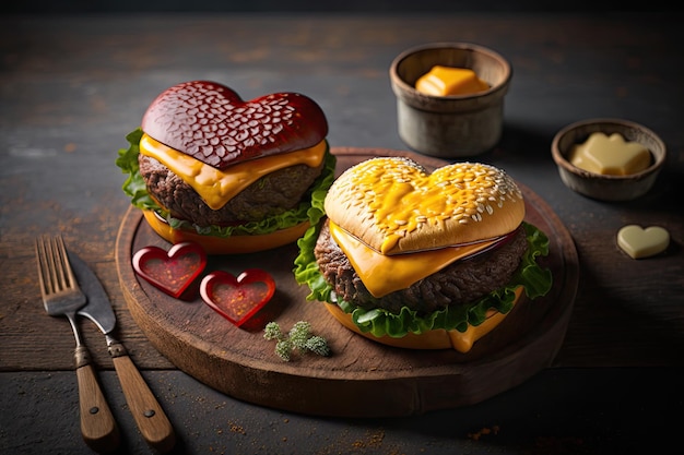 Köstliche appetitliche Hamburger mit Käse und saftigem Rindfleisch in Herzform