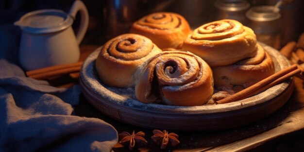 Köstliche, appetitliche Zimtbrötchen auf dem Tisch, generative KI