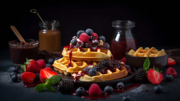 Köstliche belgische Waffeln mit Beerenfrüchten Schlagsahne und verschiedenen süßen FüllungenGenerative AI