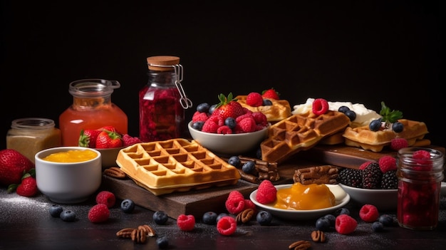 Köstliche belgische Waffeln mit Beerenfrüchten Schlagsahne und verschiedenen süßen FüllungenGenerative AI