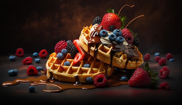 Köstliche belgische Waffeln mit Beerenfrüchten Schlagsahne und verschiedenen süßen FüllungenGenerative AI