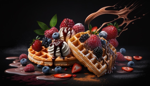 Köstliche belgische Waffeln mit Beerenfrüchten Schlagsahne und verschiedenen süßen FüllungenGenerative AI