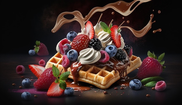 Köstliche belgische Waffeln mit Beerenfrüchten Schlagsahne und verschiedenen süßen FüllungenGenerative AI