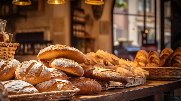 Köstliche Brote in einer Bäckerei. Verschiedene Arten von Broten in den Regalen einer Bäckerei