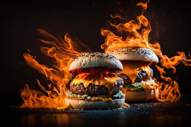 Köstliche Burger mit generativer Feuer-KI-Illustration