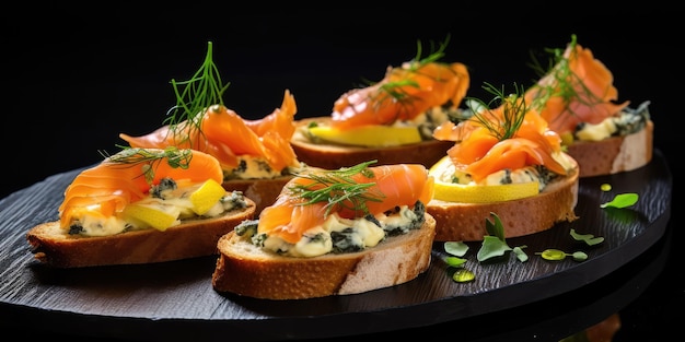 Köstliche Canapes mit Käse und geräuchertem Lachs