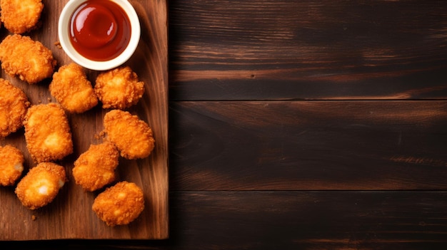 Köstliche Chicken Nuggets und BBQ-Sauce-Gericht Fotorealistischer horizontaler Hintergrund Geschmackvoller Hintergrund des amerikanischen Duos Ai mit köstlichen Chicken Nuggets auf einer Holzarbeitsplatte mit Kopierraum