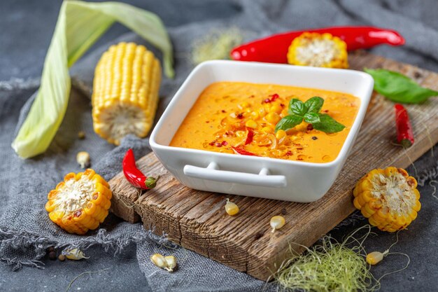 Köstliche cremige Maissuppe mit Chili in einer Schüssel