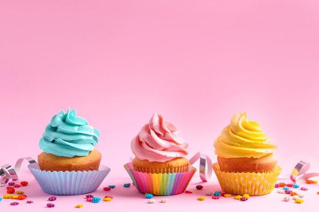 Köstliche Cupcakes auf farbigem Hintergrund