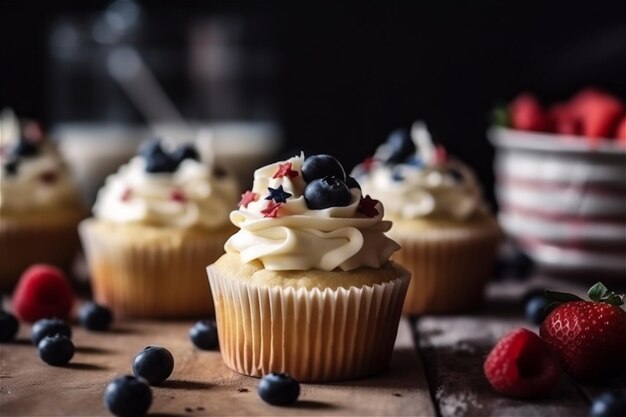 Köstliche Cupcakes mit frischen Beeren auf einem Holztisch, Nahaufnahme von KI-generierten Inhalten