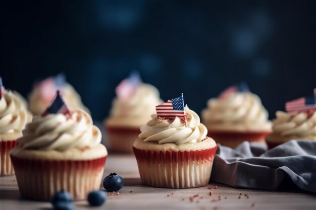 Köstliche Cupcakes mit frischen Beeren auf einem Holztisch, Nahaufnahme von KI-generierten Inhalten