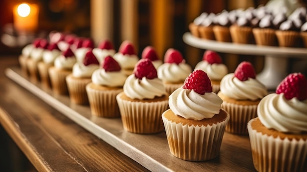 Köstliche Cupcakes mit Himbeeren und Schlagsahne, die man genießen kann