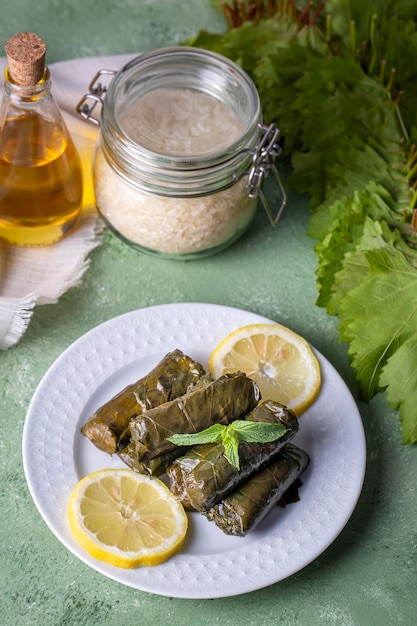 Köstliche Dolma (Sarma) gefüllte Traubenblätter Reis. Libanesische Dolma Sarma auf dem Teller. Libanonische türkische griechische Küche des Nahen Ostens. (türkischer Name; Yaprak sarma)