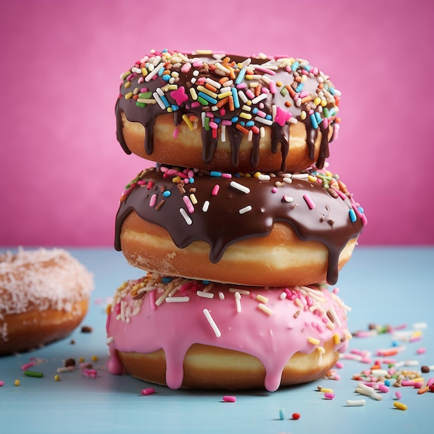 Foto köstliche donut-backen-schokoladen-süßwaren mit mehrfarbigen sprinkles