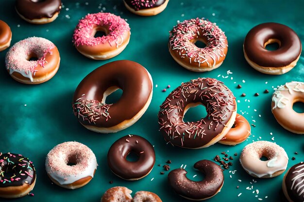 Köstliche Donuts auf dunklem Cyan-Hintergrund