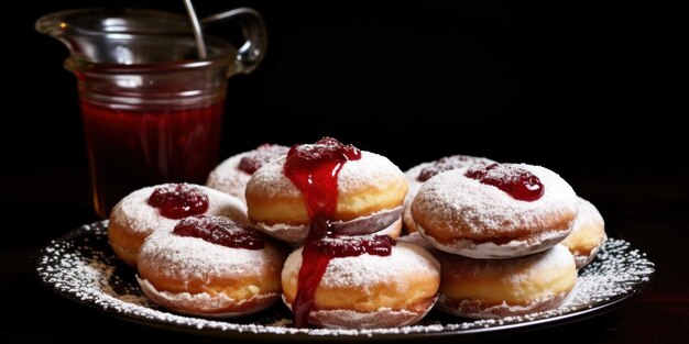 köstliche Donuts, die mit Marmelade auf einem Teller überlaufen, vor dem Hintergrund eines Glases Marmelade aus nächster Nähe