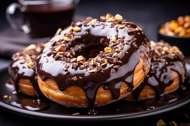 Köstliche Donuts, die mit Schokoladenglasur bedeckt sind, mit den Zutaten auf einem Tisch