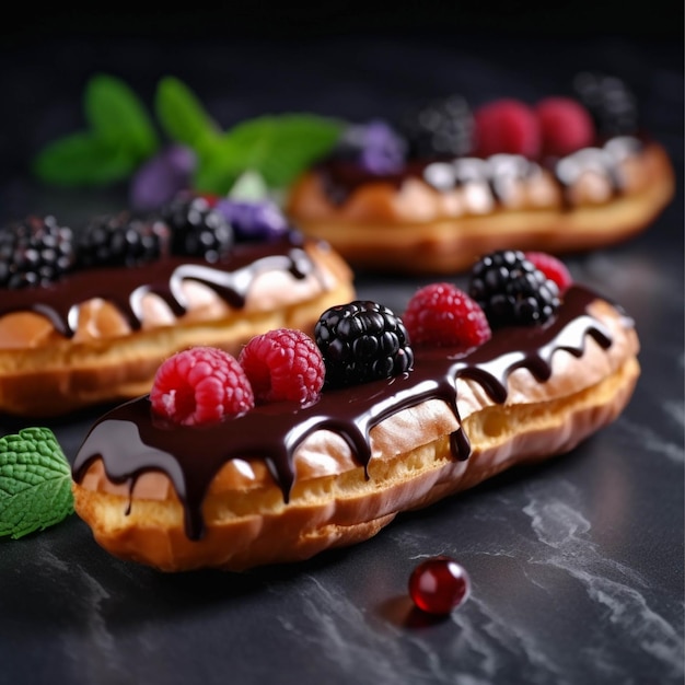 Köstliche Eclairs mit Beeren auf schwarzem Tisch