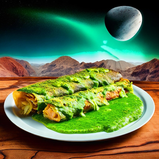 Köstliche Enchiladas in grüner Soße, geriebener Käse, Salat, Hähnchenstreifen auf einem weißen Teller