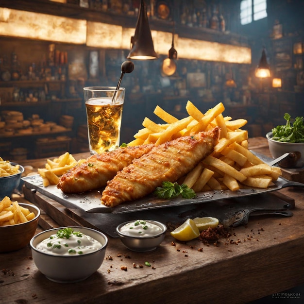 köstliche englische Fisch- und Pommes-Chips-Klassiker, die seit Jahrhunderten genossen werden, Filmwerbung, Fotografie