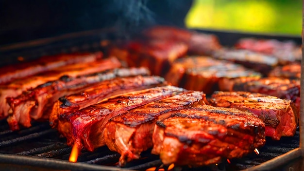 köstliche Fleischstücke mit Barbecue-Sauce auf dem Rauchergrill