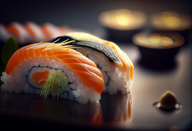 Köstliche Fotografie von Sushi auf glattem schwarzem Hintergrund KI-erzeugte Kunst