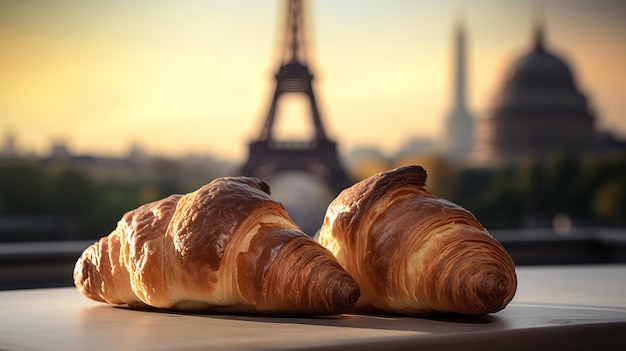 Foto köstliche französische croissants auf dem nostalgischen eiffelturm in paris. kreativressource ai generated