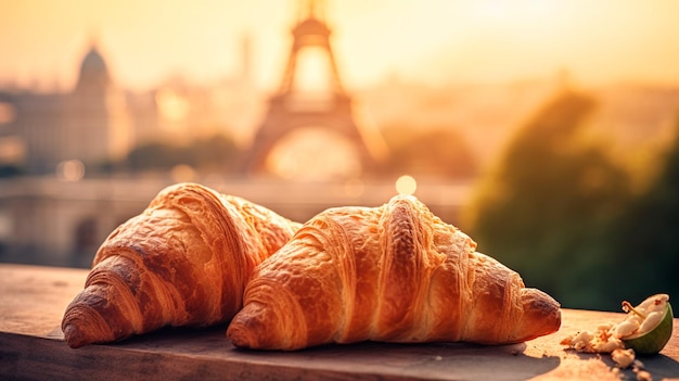 Köstliche französische Croissants auf romantischem Hintergrund des Eiffelturms Paris Generative AI